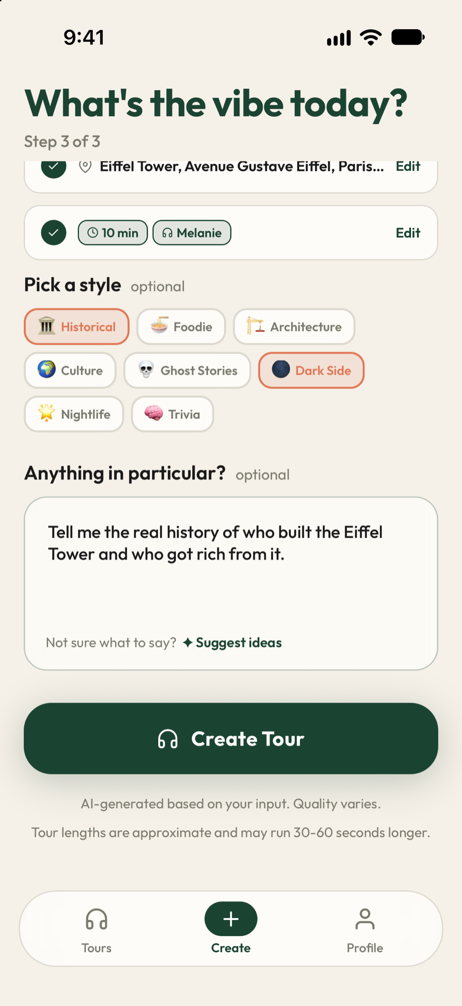 MyGuide tour style picker