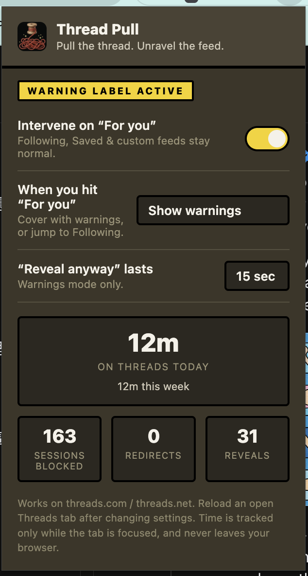 Thread Pull popup with settings and time totals
