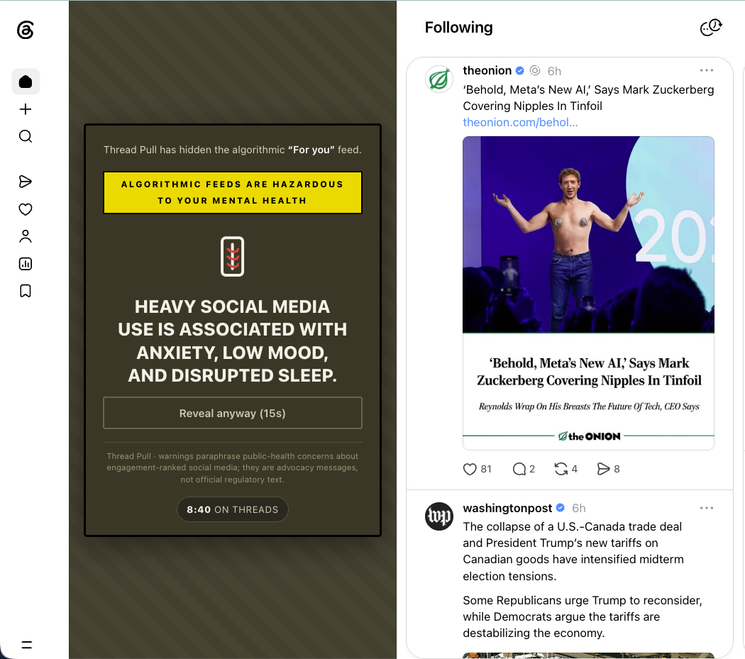 Thread Pull warning card over the For You feed