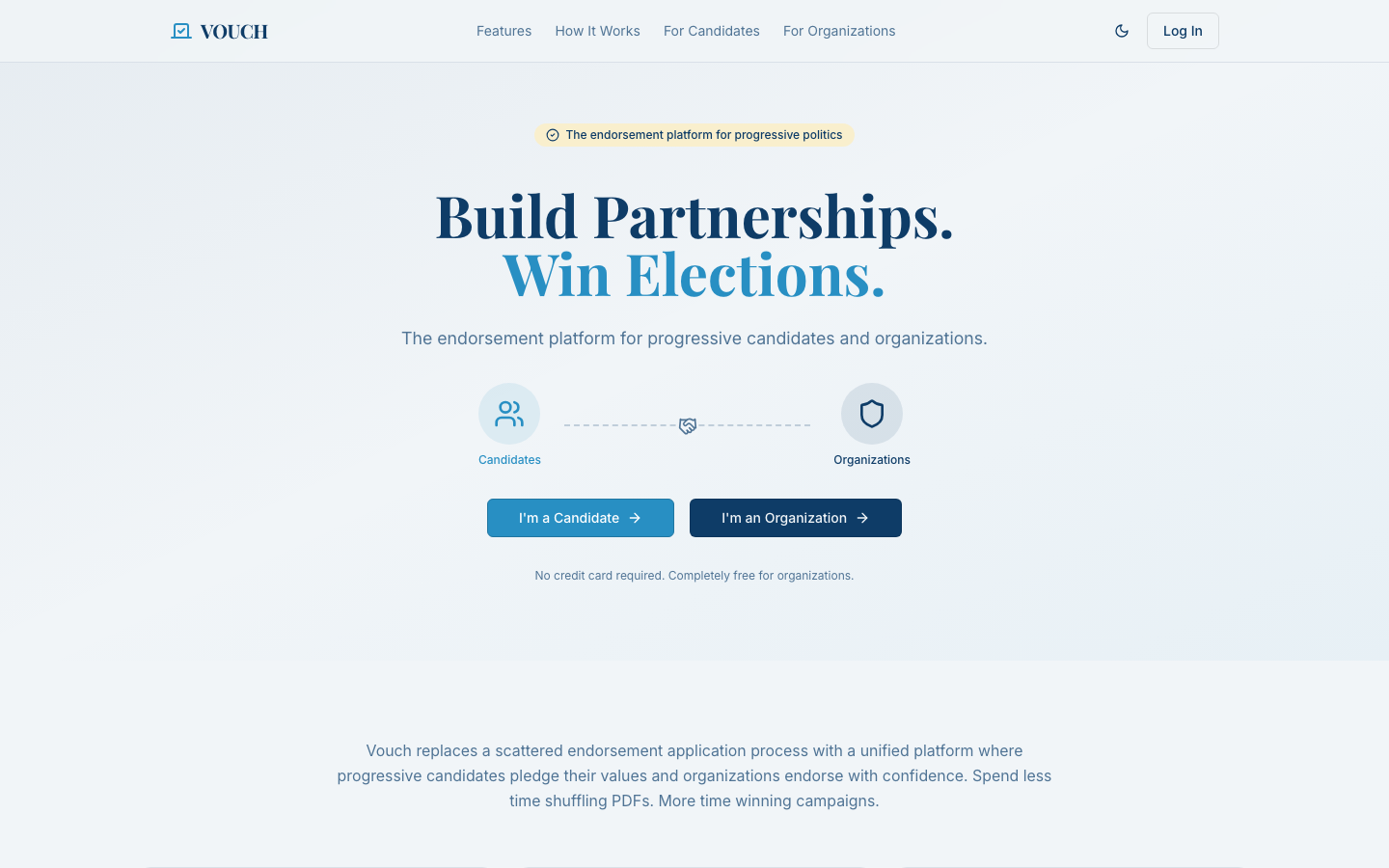 Vouch home page: Build Partnerships. Win Elections.